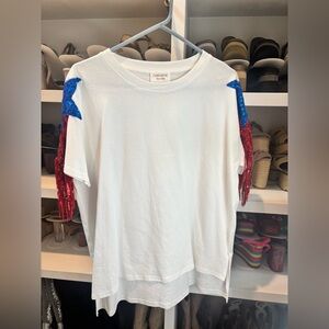 White T-Shirt with Red and Blue Sequin Fringe